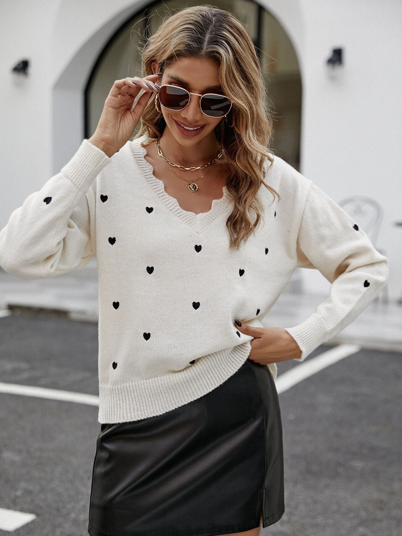 Damen Strickpullover mit herzförmigem Muster und weitem Schnitt WW