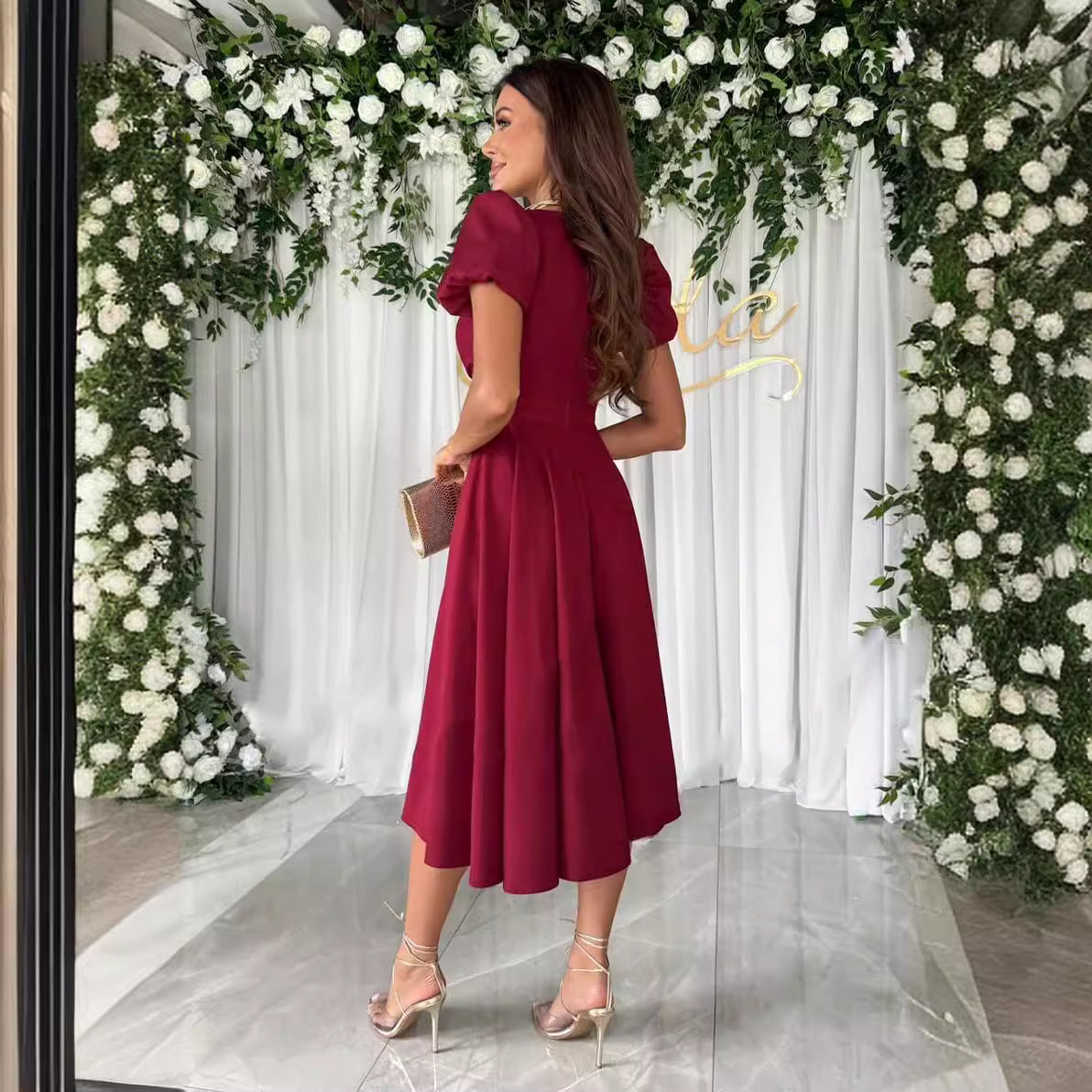 Damen A-Linie Kleid mit Puffärmeln und schmalem V-Ausschnitt WW