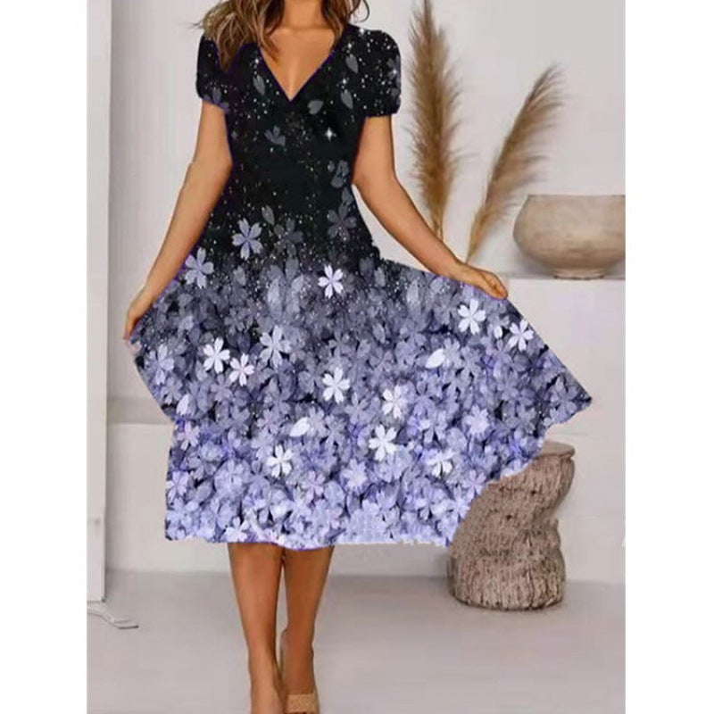 Damen A-Linie Sommerkleid mit V-Ausschnitt und floralen Akzenten WW