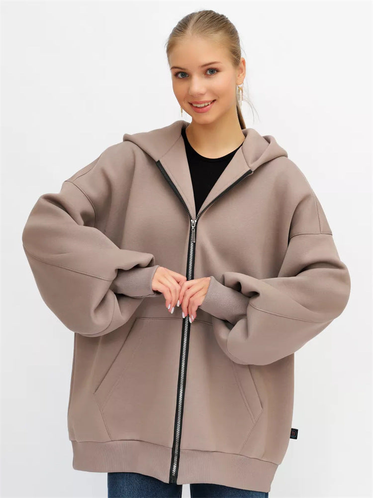 Damen lässiger Oversized Zip-Hoodie mit tiefen Taschen WW