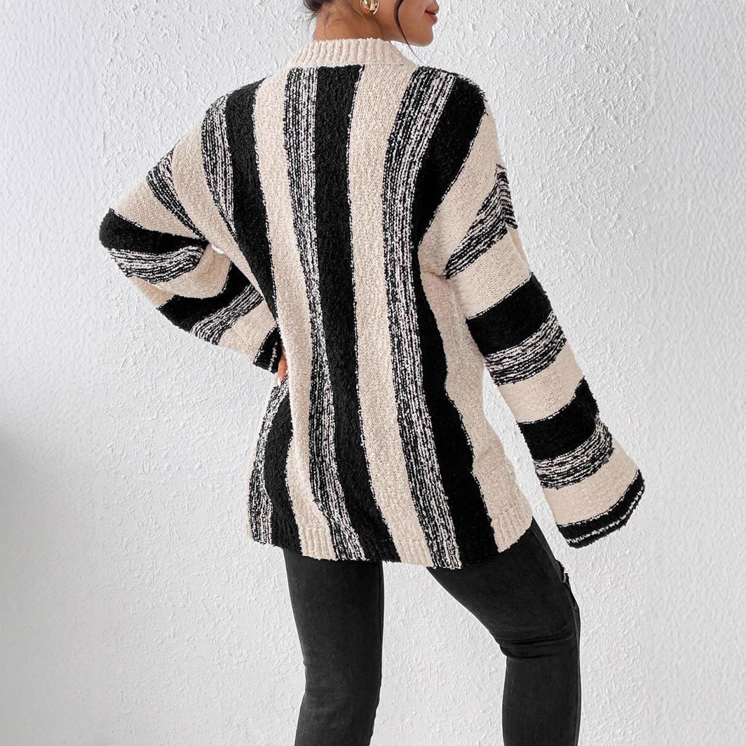 Damen Grober Strickpullover mit auffälligem Streifenmuster und lockerer Passform WW