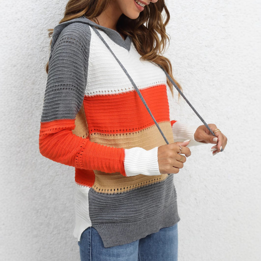 Damen Pullover mit lässigem Kapuzen-Design und einzigartigem Streifenmuster WW