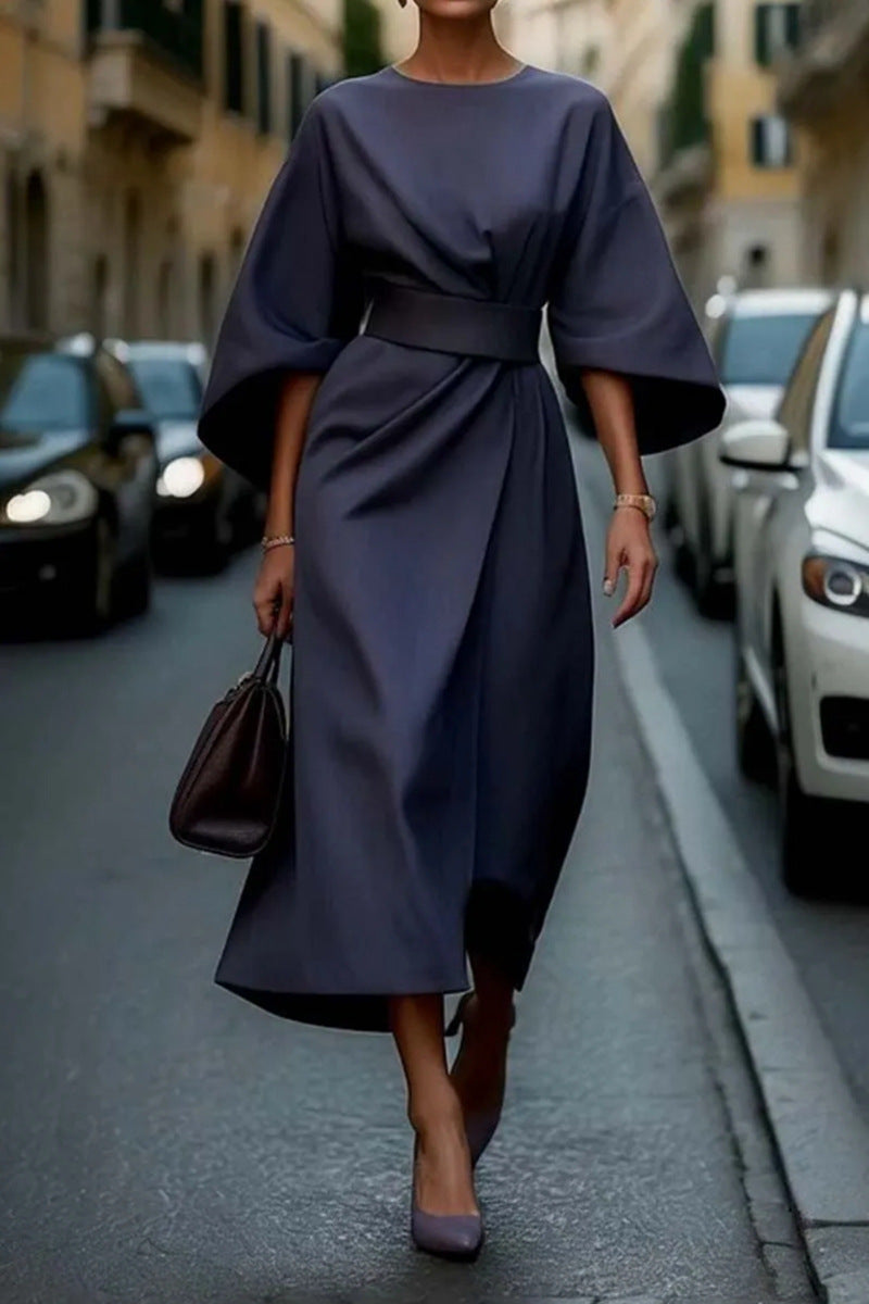 Damen modernes Maxikleid mit voluminösen Ärmeln und Taillengürtel WW