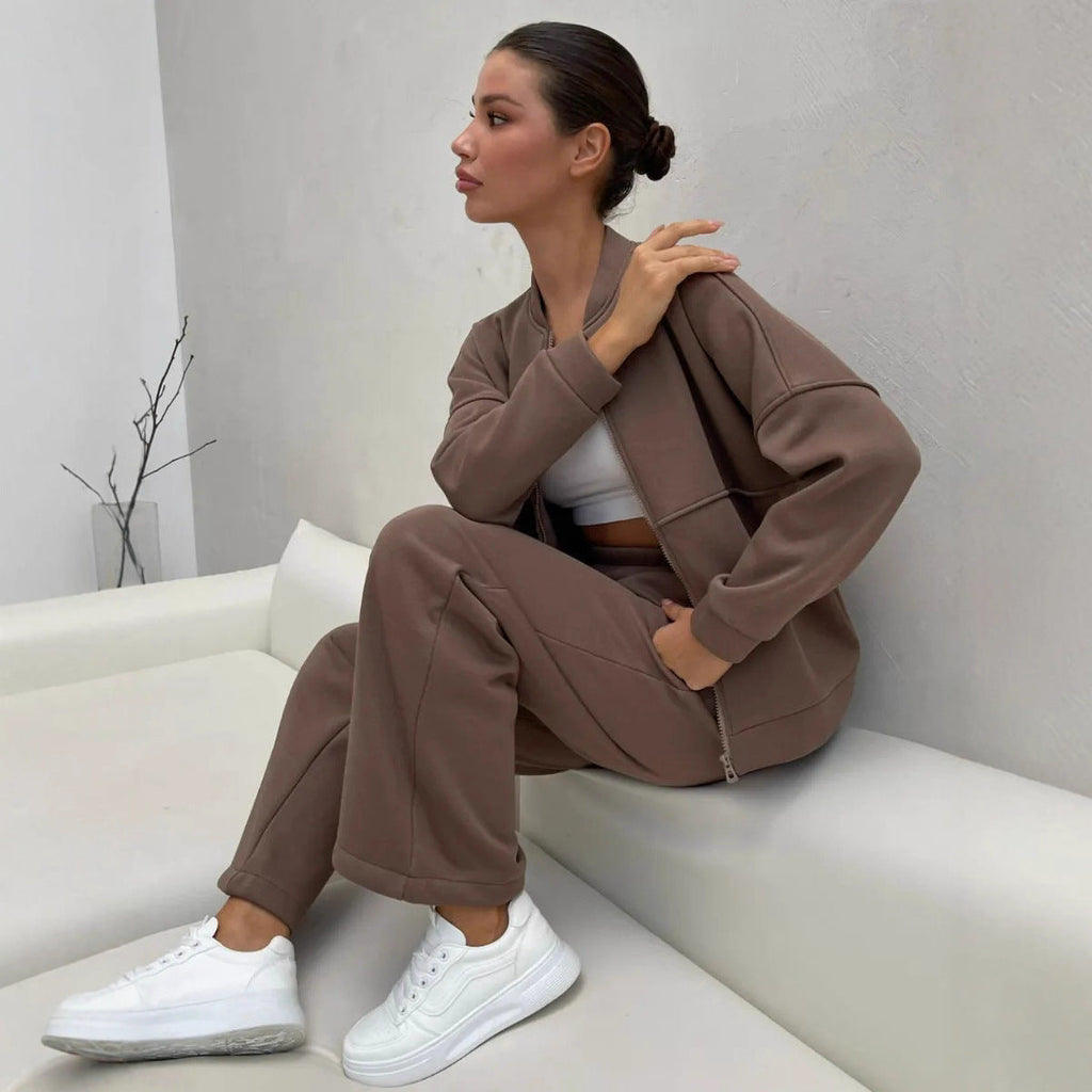 Damen lässiges Fleece-Set mit Oversized Jacke und weit geschnittenen Hosen WW