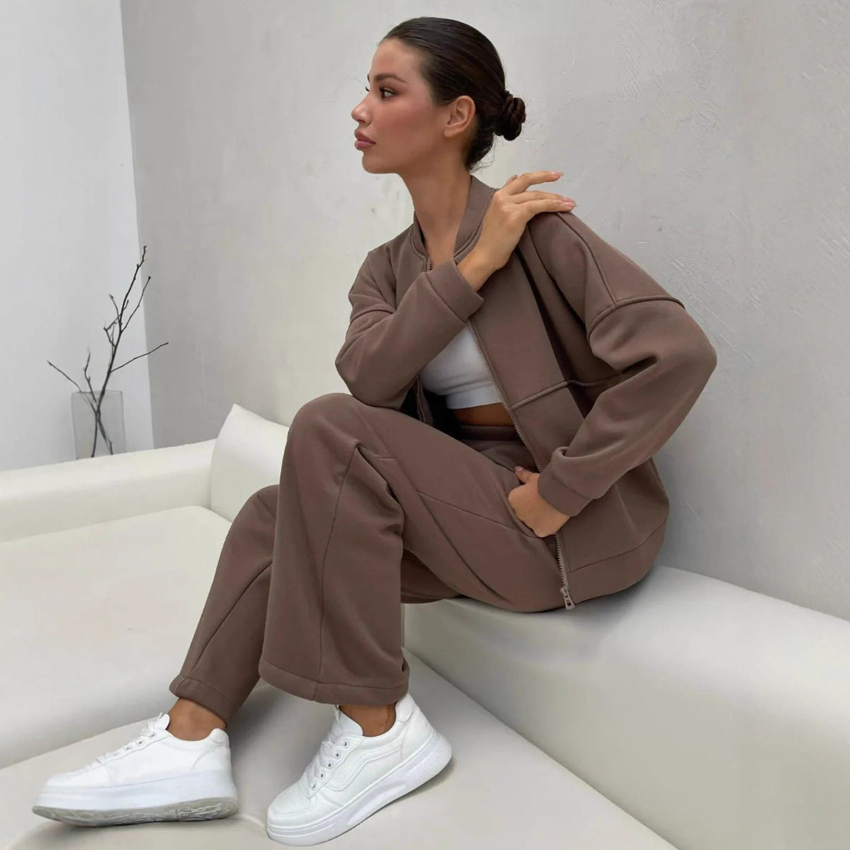 Damen lässiges Fleece-Set mit Oversized Jacke und weit geschnittenen Hosen WW