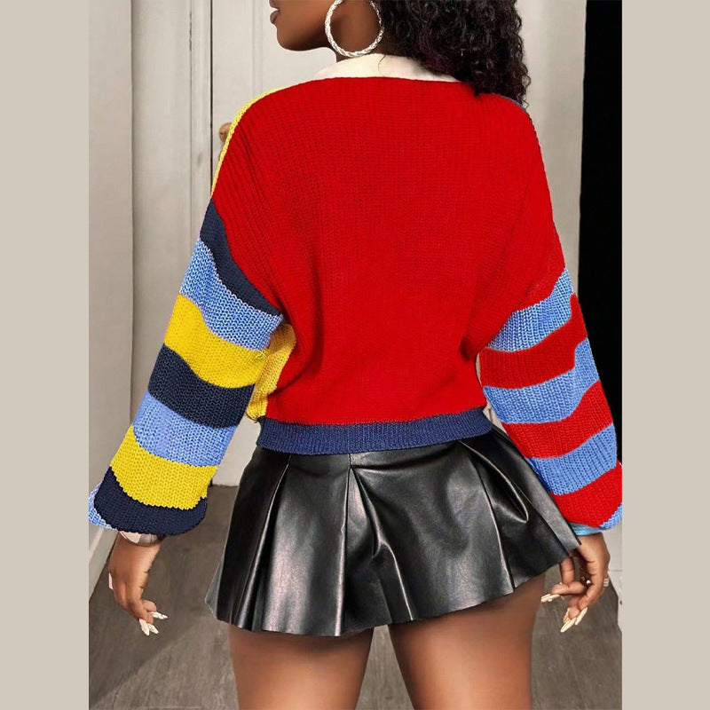 Damen Modische Strickjacke mit auffälligem Streifenmuster und farbigen Akzenten WW
