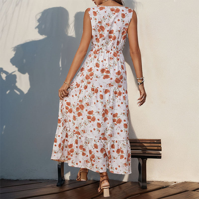 Damen Maxikleid mit V-Ausschnitt, Rüschensaum und taillierbarem Gürtel WW