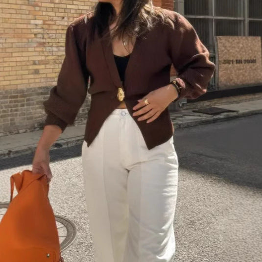 Damen Eleganter und lässiger Cardigan mit tiefem Ausschnitt und Schmuckknopf WW
