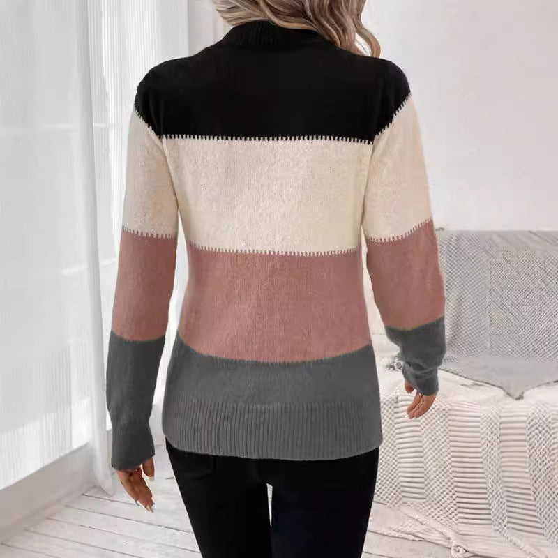 Damen modischer Strickpullover mit trendigem Blockstreifen und steigendem Kragen WW