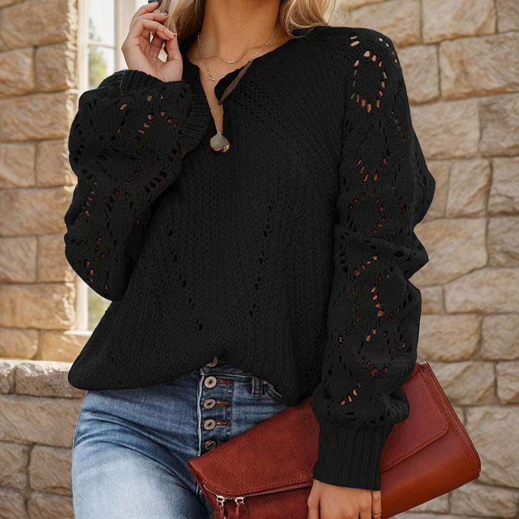 Damen Strickpullover mit romantischem Lochmuster und weiten Ärmeln WW