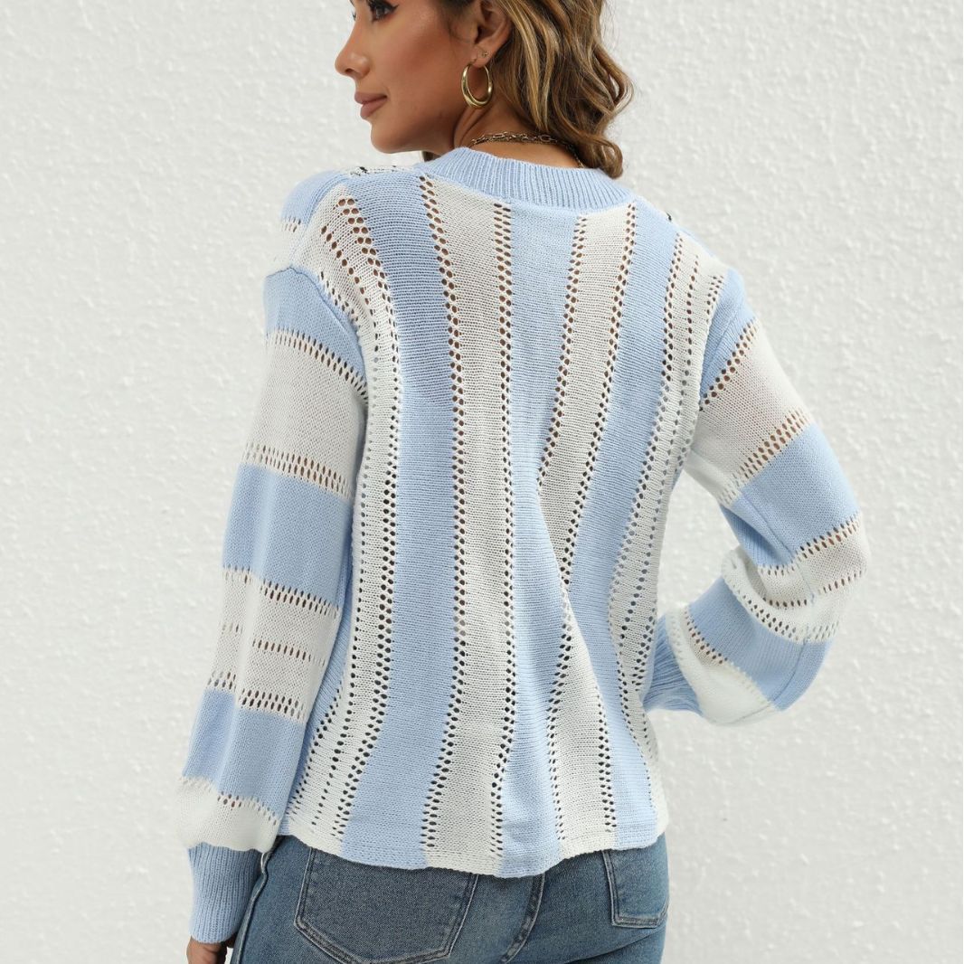 Damen Modischer V-Pullover mit strukturiertem Lochmuster und kontrastierenden Akzenten WW