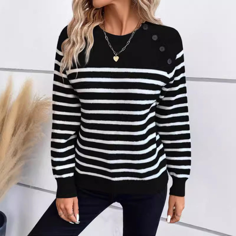 Damen gestreifter Pullover mit dekorativen Knopfdetails und Rundhalsausschnitt WW