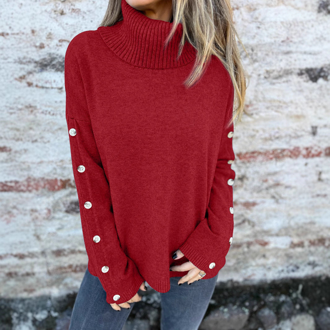 Damen weicher Rollkragenpullover mit modischen Knopfdetails WW
