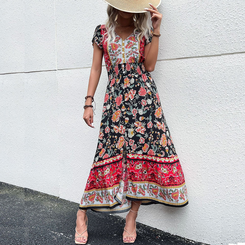 Damen Maxikleid mit floralem Design und elastischem Taillenband WW