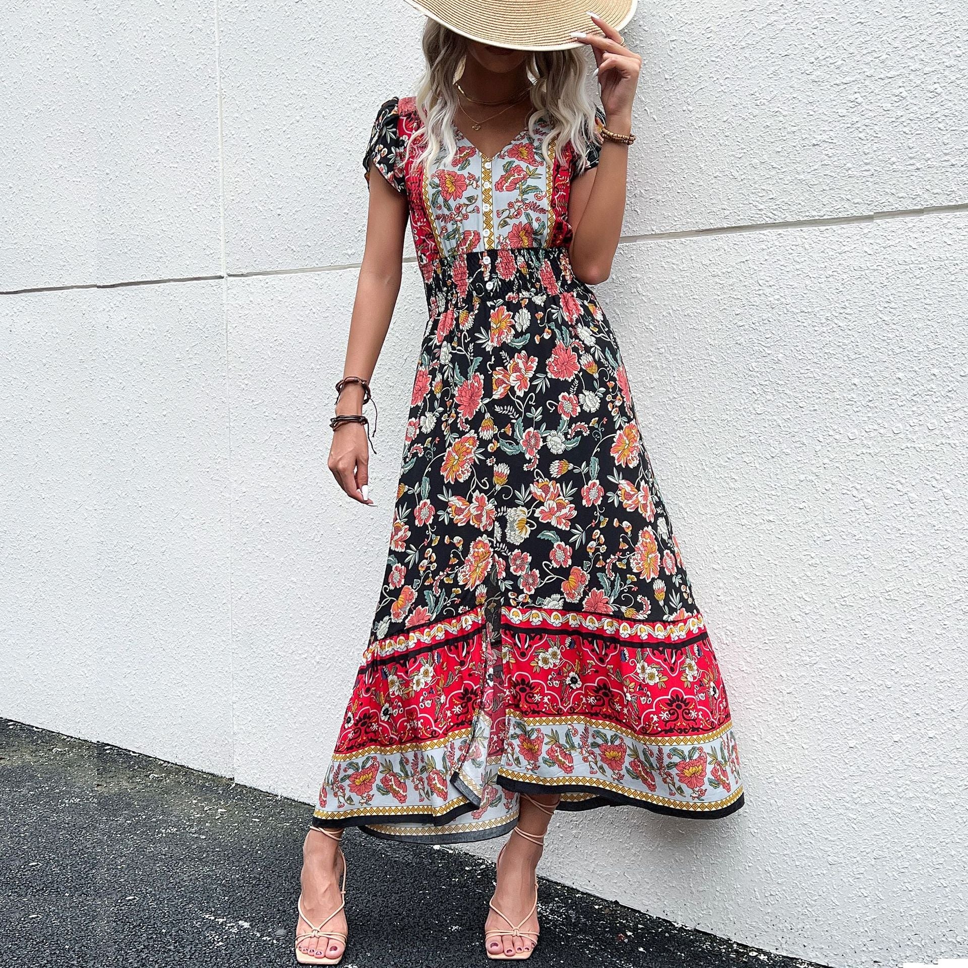 Damen Maxikleid mit floralem Design und elastischem Taillenband WW