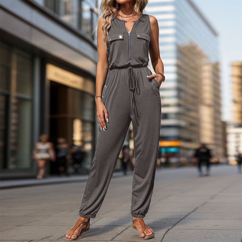 Damen Sportlicher Overall mit Reißverschluss und seitlichen Taschen WW