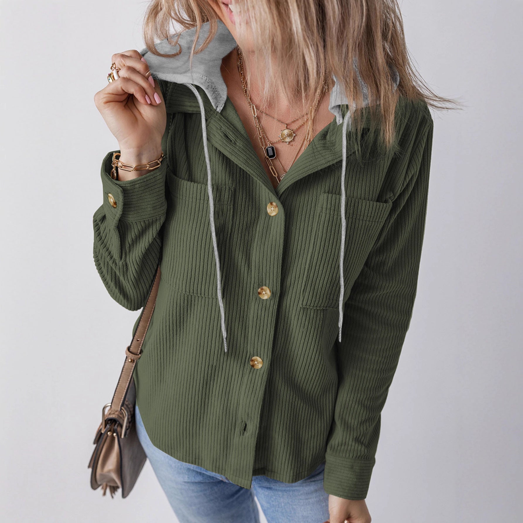 Damen lässige Overshirt-Jacke mit verstellbarem Kapuzenkragen und knopfverziertem Design WW