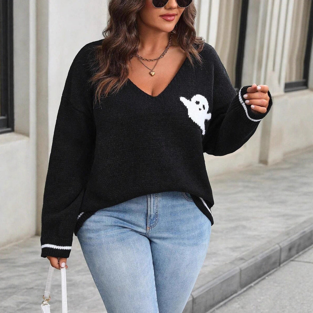 Damen Strickpullover mit Ghost-Motiv und V-Ausschnitt WW