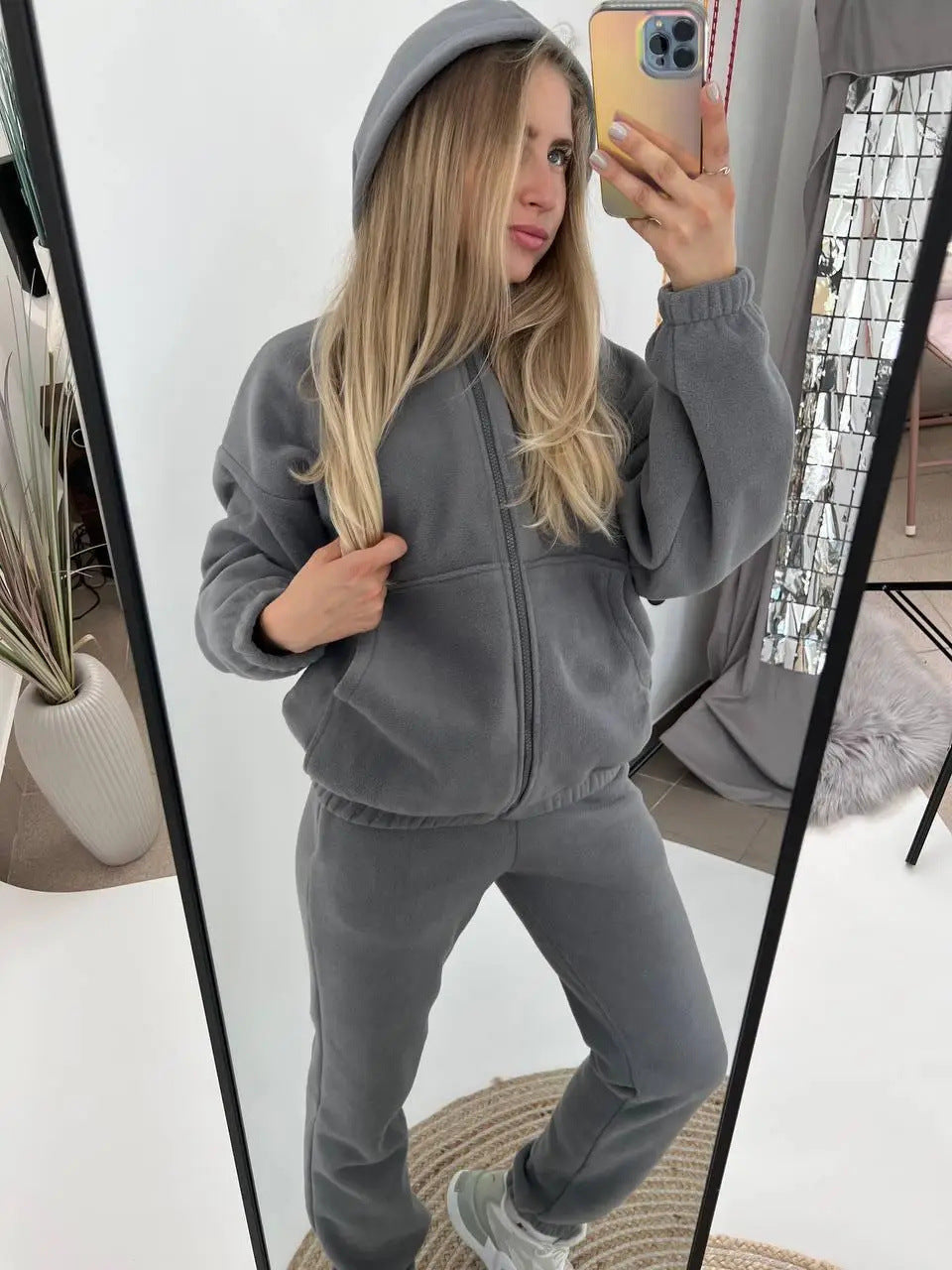 Damen sportliches Fleece-Set mit hohem Kragen und seitlichen Taschen WW
