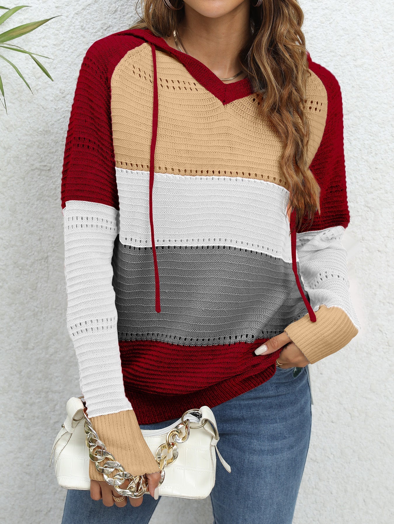 Damen Pullover mit lässigem Kapuzen-Design und einzigartigem Streifenmuster WW