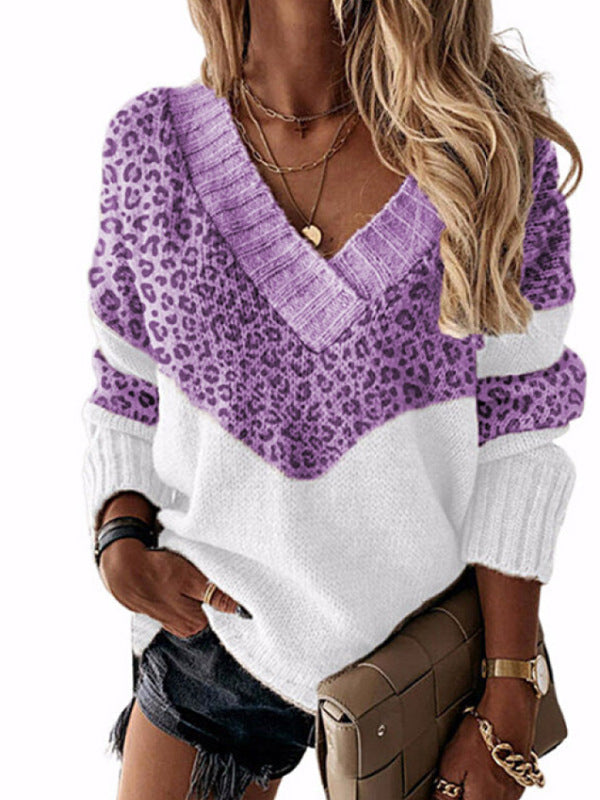 Damen modischer Pullover mit außergewöhnlichem Leopardenmuster und V-Ausschnitt WW