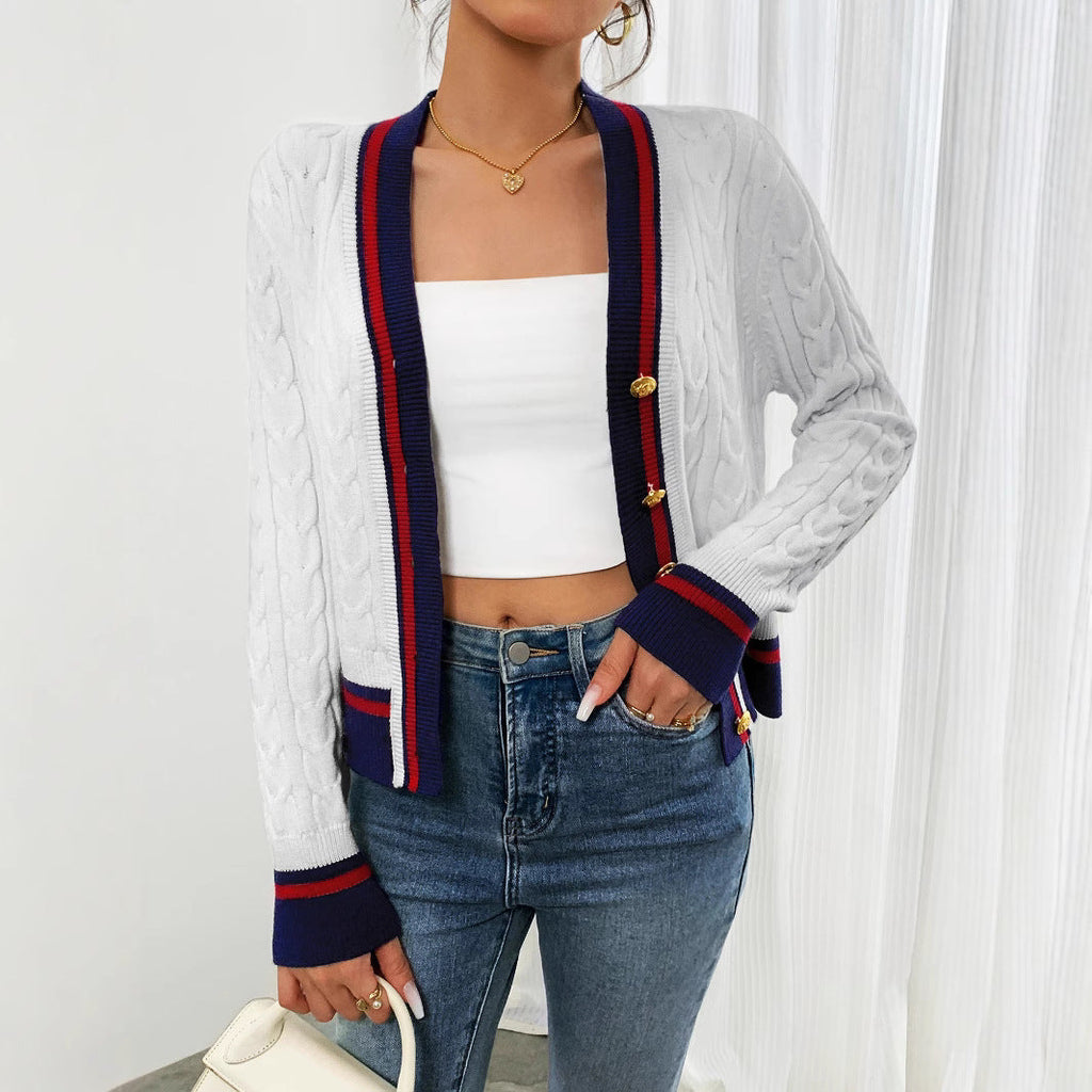 Damen modische Strickjacke mit strukturiertem Zopfdesign und Kontrastbündchen WW