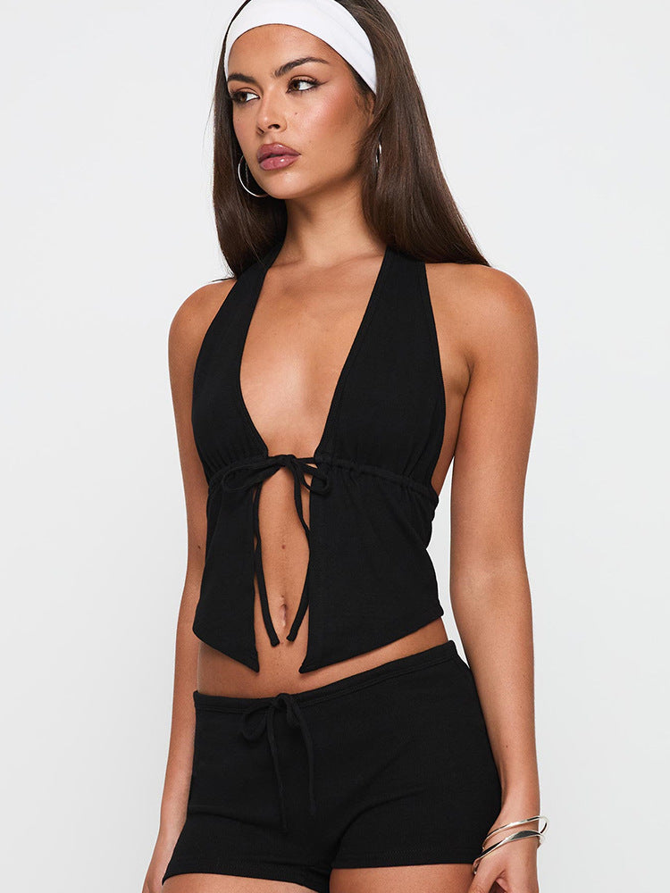 Damen lässiges Crop-Top und Shorts-Set mit verspieltem Knoten WW