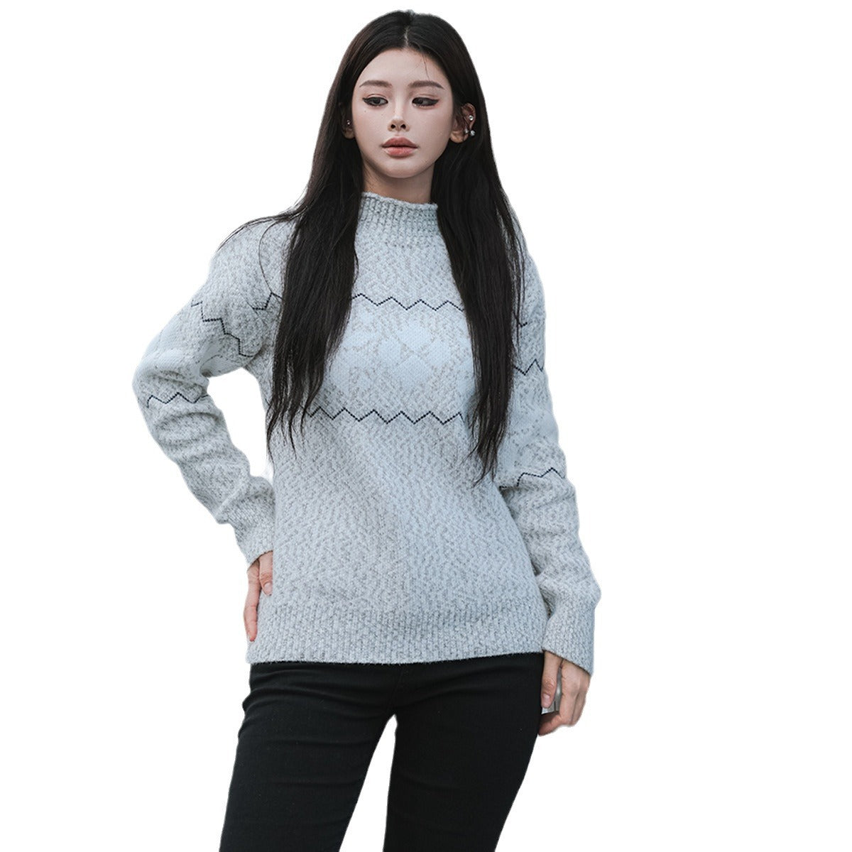 Damen kuscheliger Pullover mit hochgelegtem Kragen und winterlichem Motiv WW