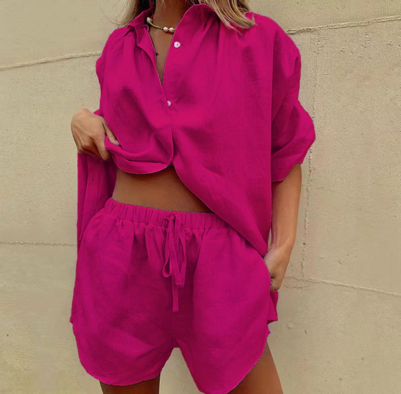 Damen lässige Leinenbluse mit kurzer Knopfleiste und lockeren Shorts WW