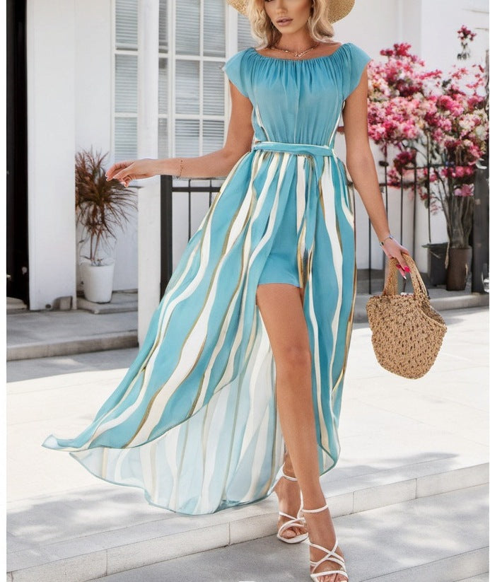 Damen Maxikleid mit schulterfreiem Design und elegante Wellenmuster WW