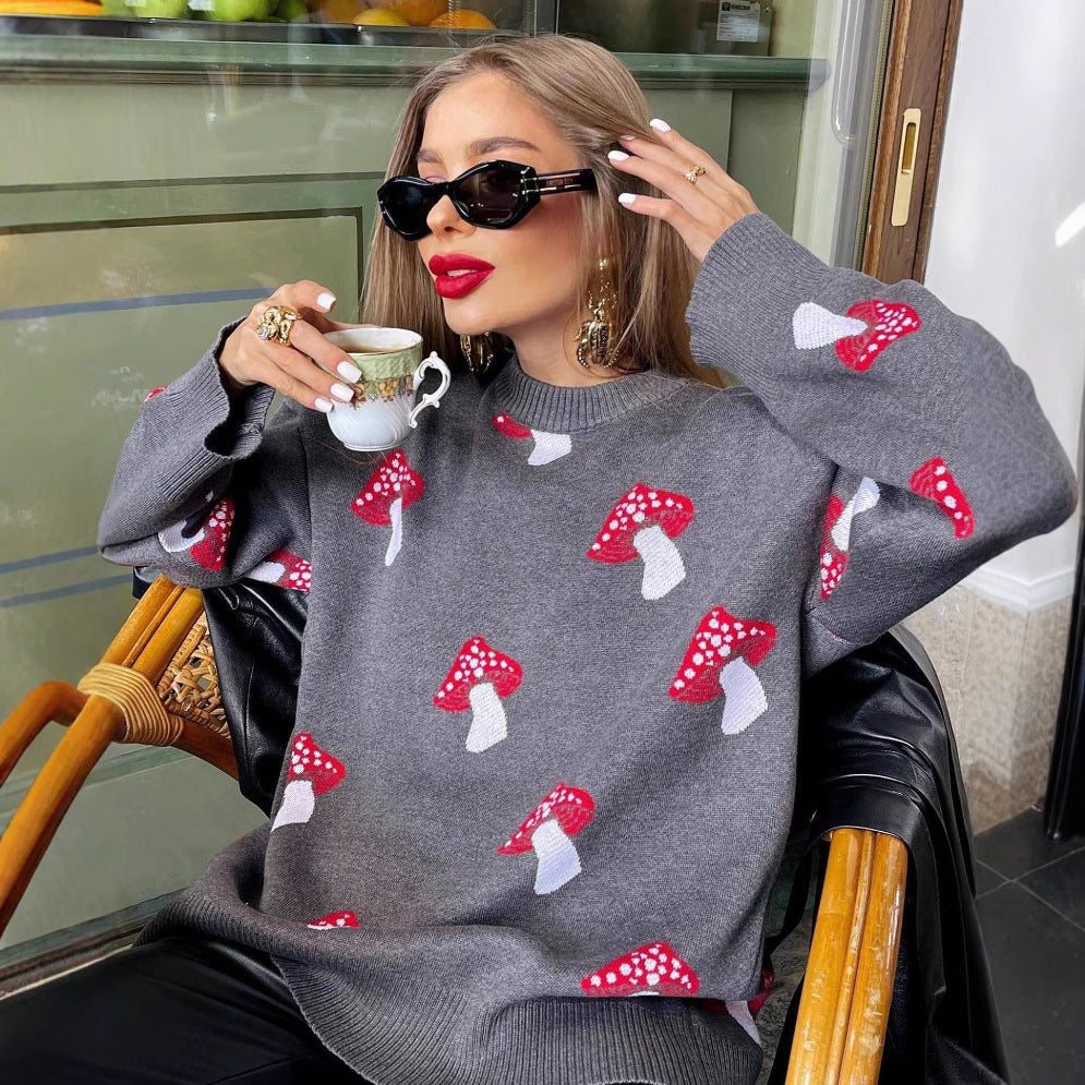 Damen Pullover mit verspielten Pilzstickereien WW