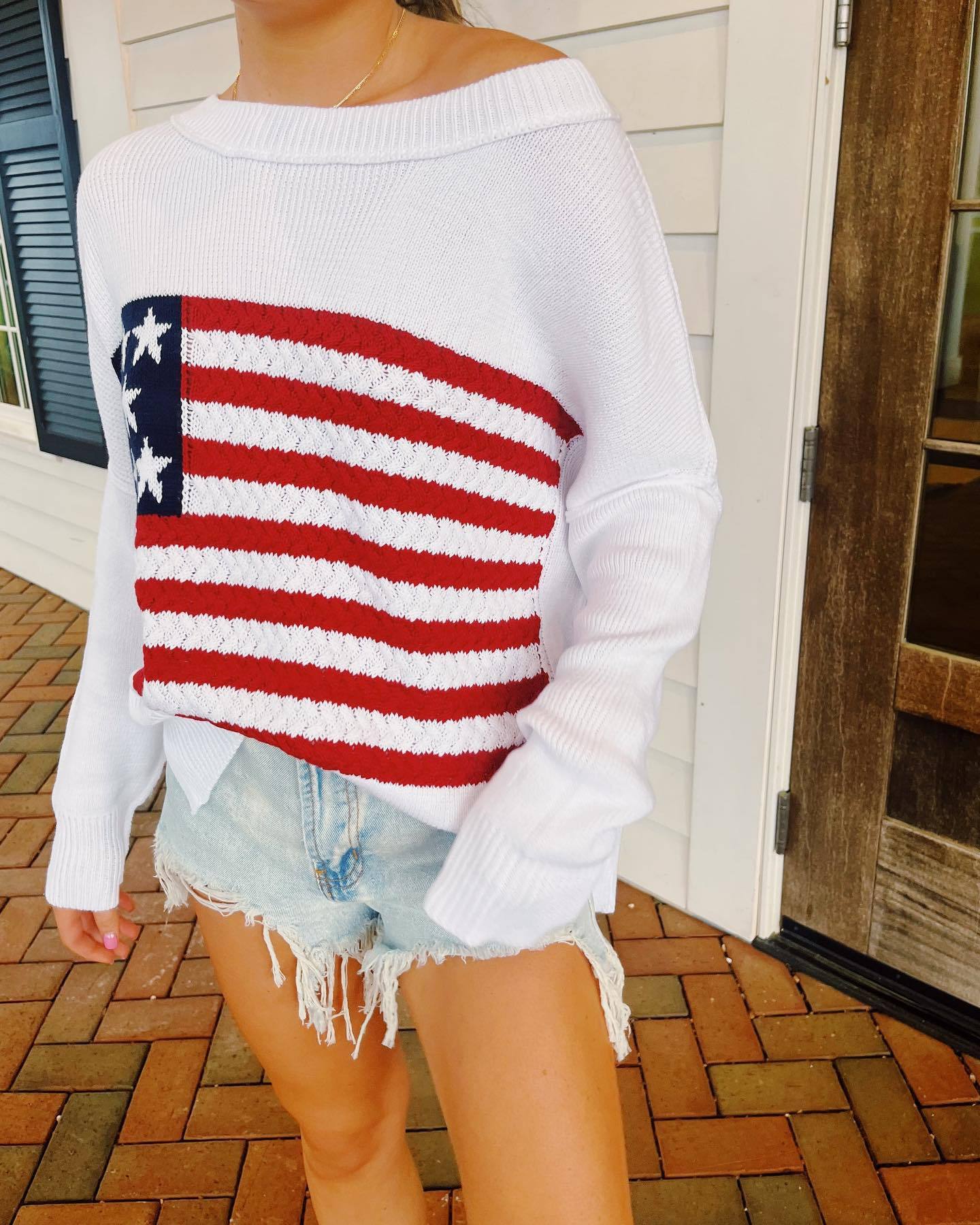 Damen Strickpullover mit auffälligem Flaggenmotiv und lässigem Schnitt WW