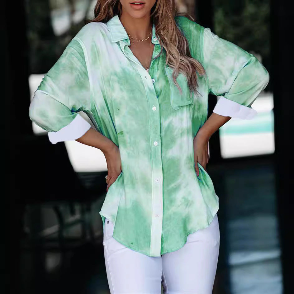 Damen Langarmhemd im kreativen Batikdesign mit Knopfleiste WW