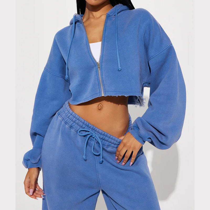 Damen lässiges Fleece-Set mit kurzem Hoodie und weiten Hosen WW