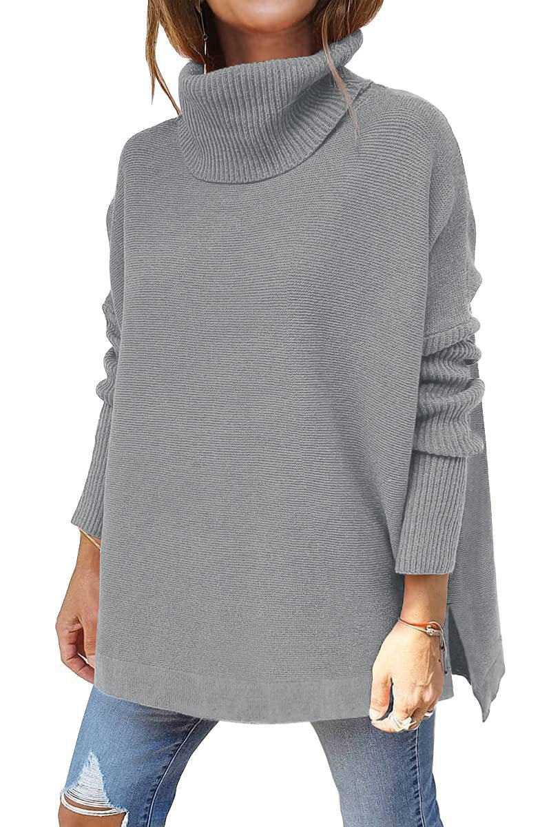 Damen Strickpullover mit hohem Kragen und seitlichen Schlitzen WW