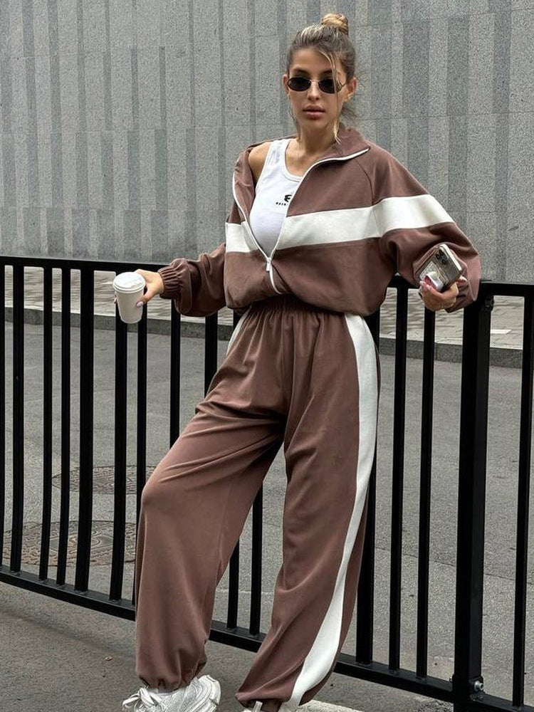 Damen sportliches Fleece-Set mit Reißverschluss und kontrastierenden Seiteneinsätzen WW