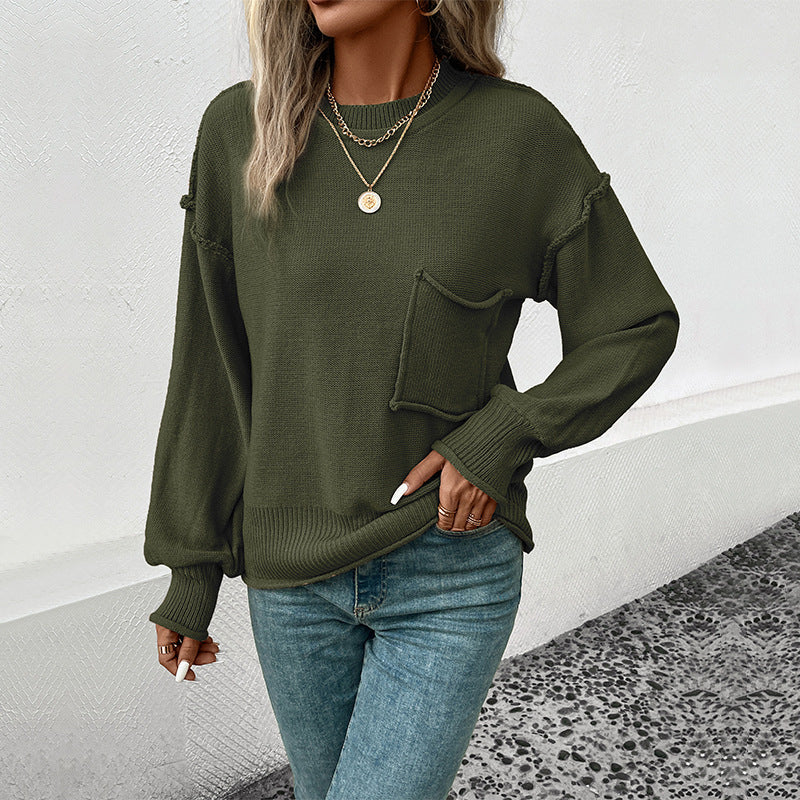 Damen lässiger Pullover mit voluminösen Ärmeln und praktischer Taschendetail WW