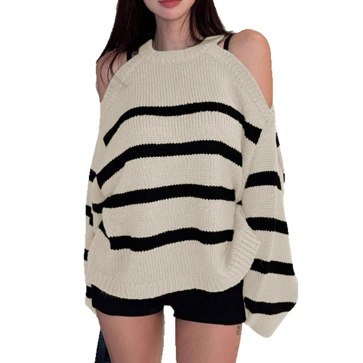 Damen Off-Shoulder Strickpullover mit breiten Streifen WW