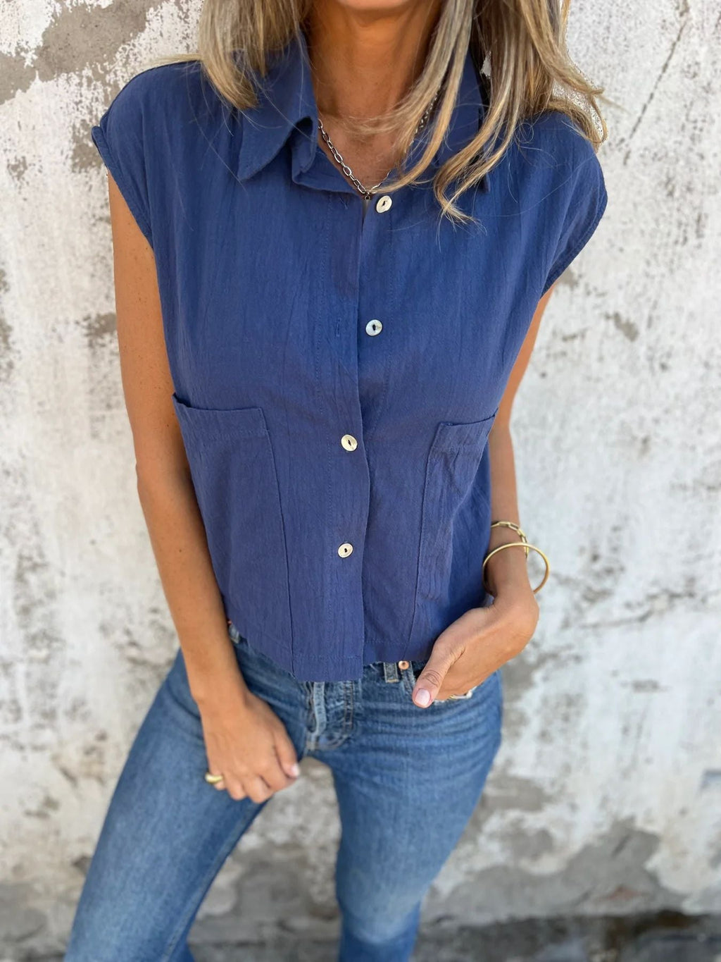 Damen Kurzarm Bluse mit praktischen Taschen WW