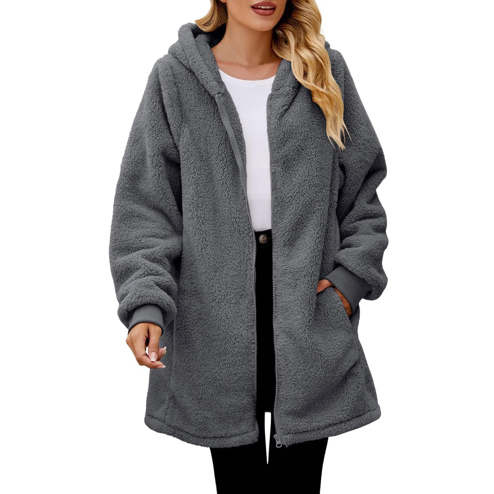 Damen gemütliche Sherpa Fleece Kapuzenjacke WW