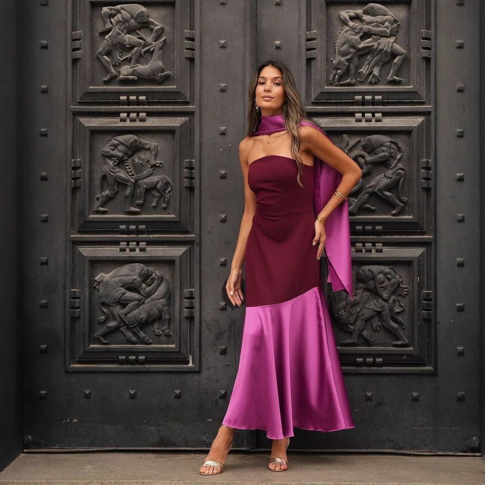 Damen Abendkleid mit asymmetrischem Schnitt und elegantem Überwurf WW