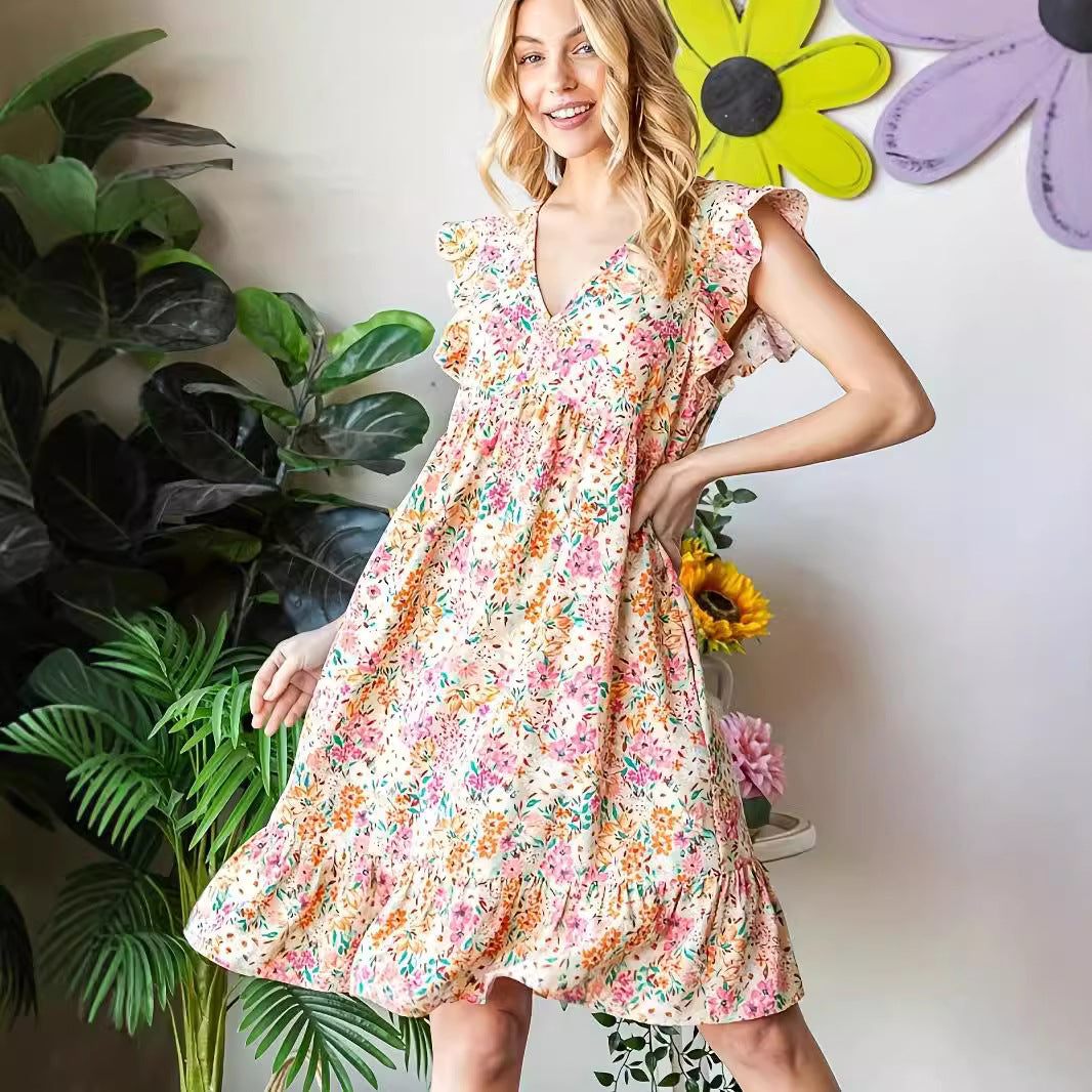 Damen Sommerkleid mit voluminösen Rüschendetails und floralem Muster WW