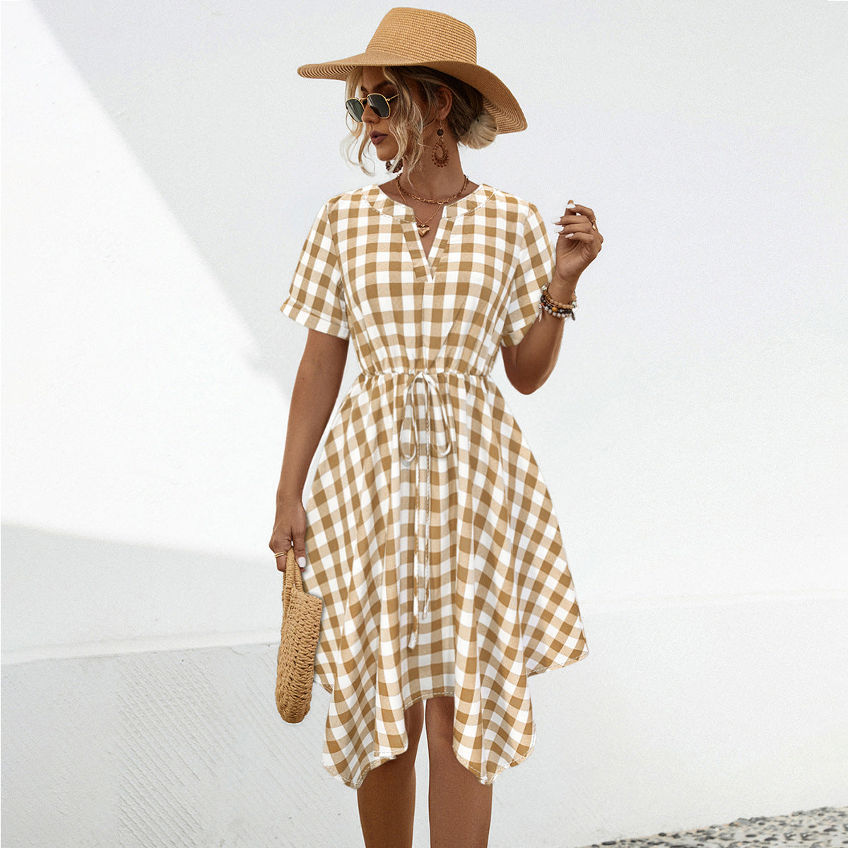 Damen V-Ausschnitt Gingham Kleid mit verspieltem Kordelzug und asymmetrischem Saum WW