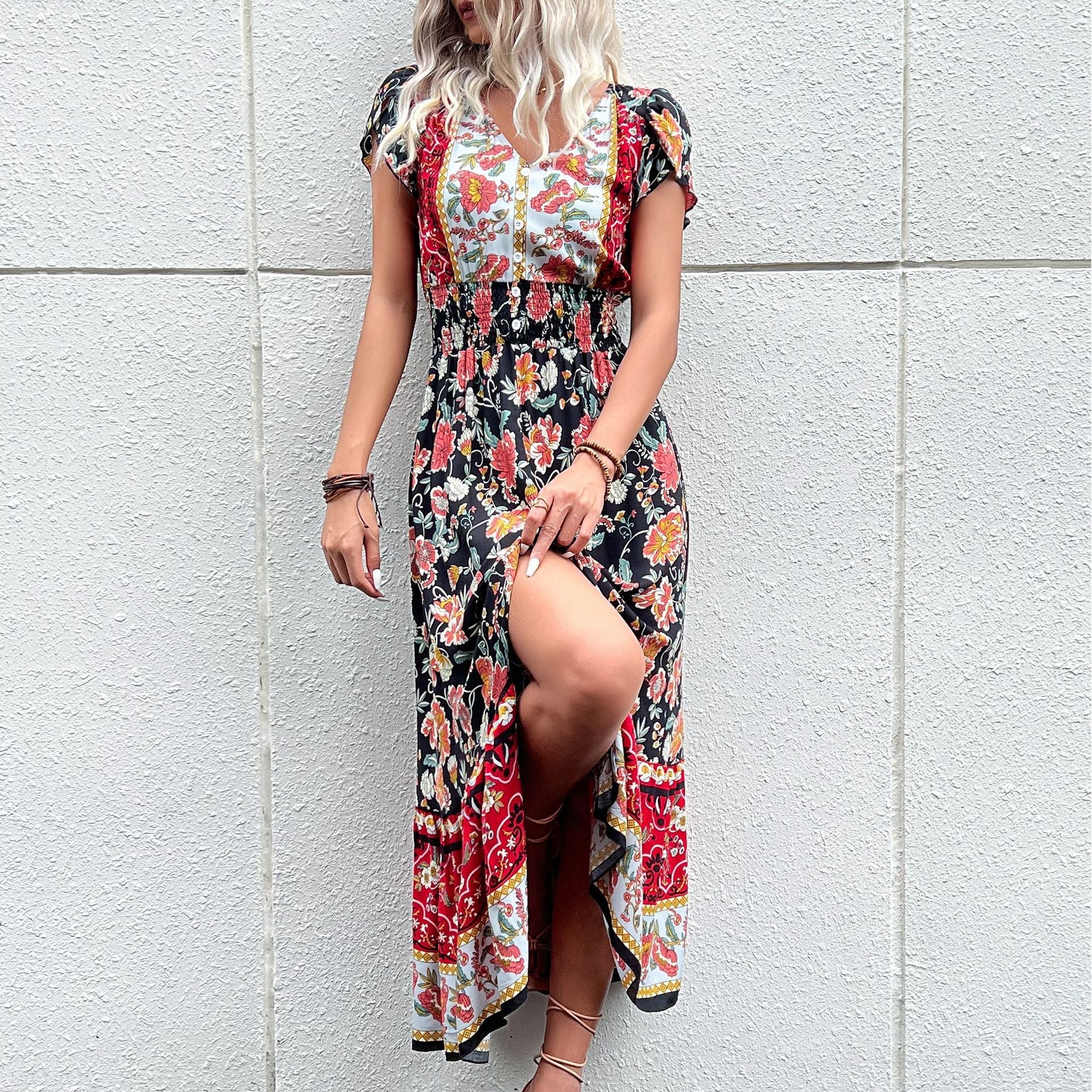 Damen Maxikleid mit floralem Design und elastischem Taillenband WW