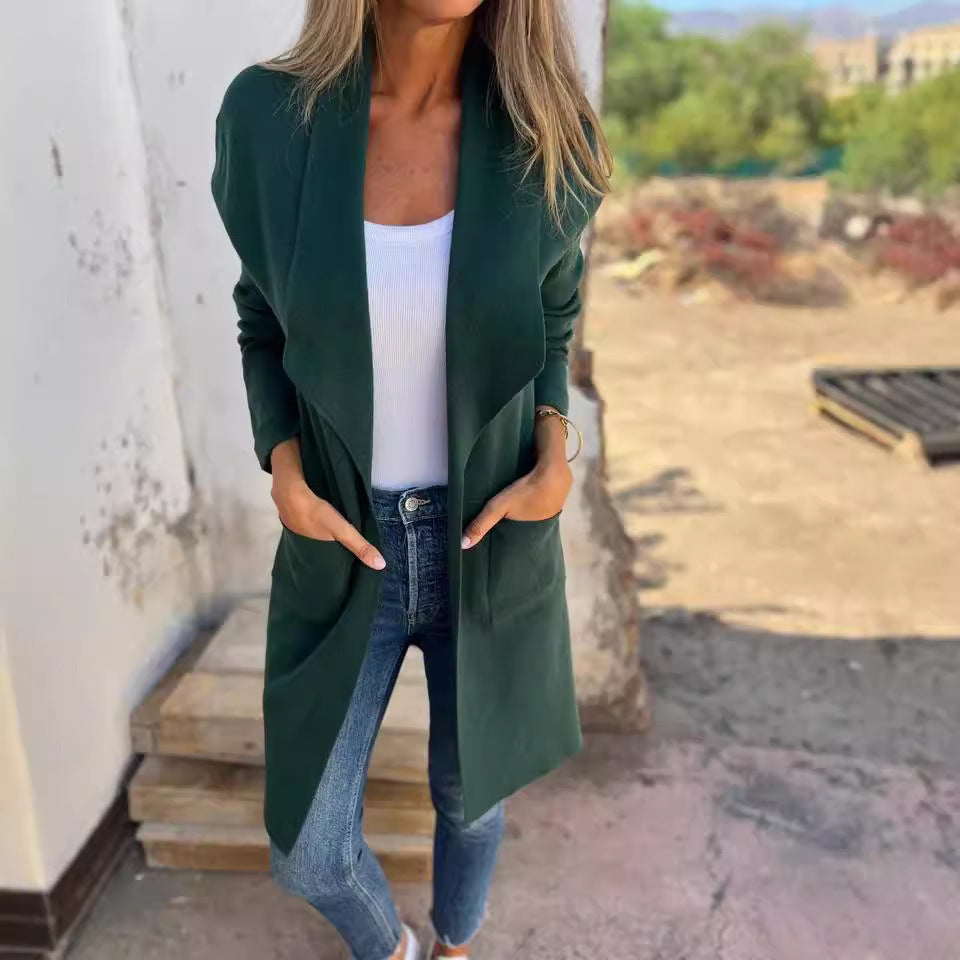 Damen Langer Strickcardigan mit offenen Kanten und Taschen WW