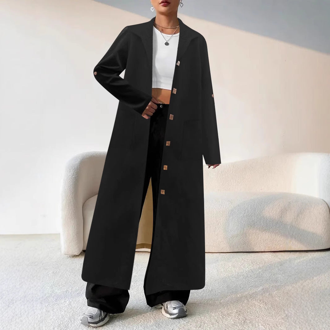 Damen Stilvolle lange Jacke mit eleganten Knopfdetails WW