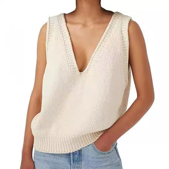 Damen lässiger Strickpullover ohne Ärmel mit tiefem V-Ausschnitt WW