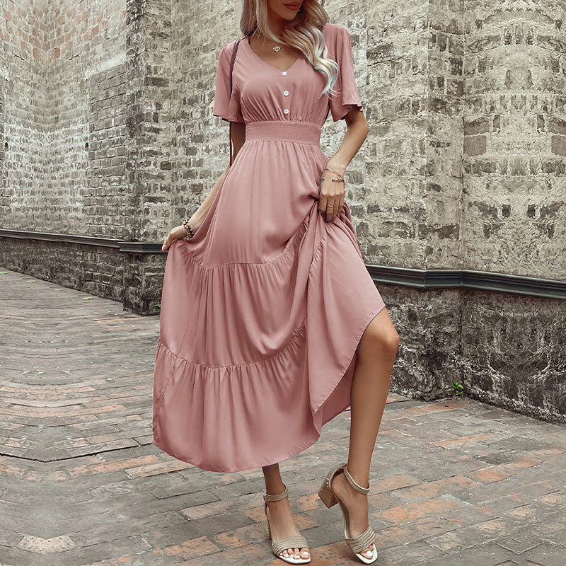 Damen Maxikleid mit V-Ausschnitt und fließendem Rock WW
