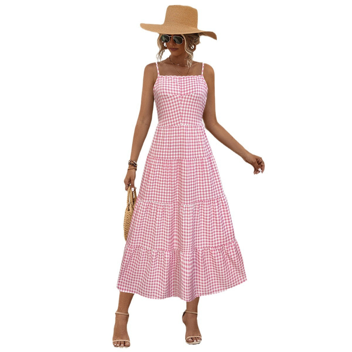 Damen Maxikleid mit kariertem Design und luftigen Rüschen WW
