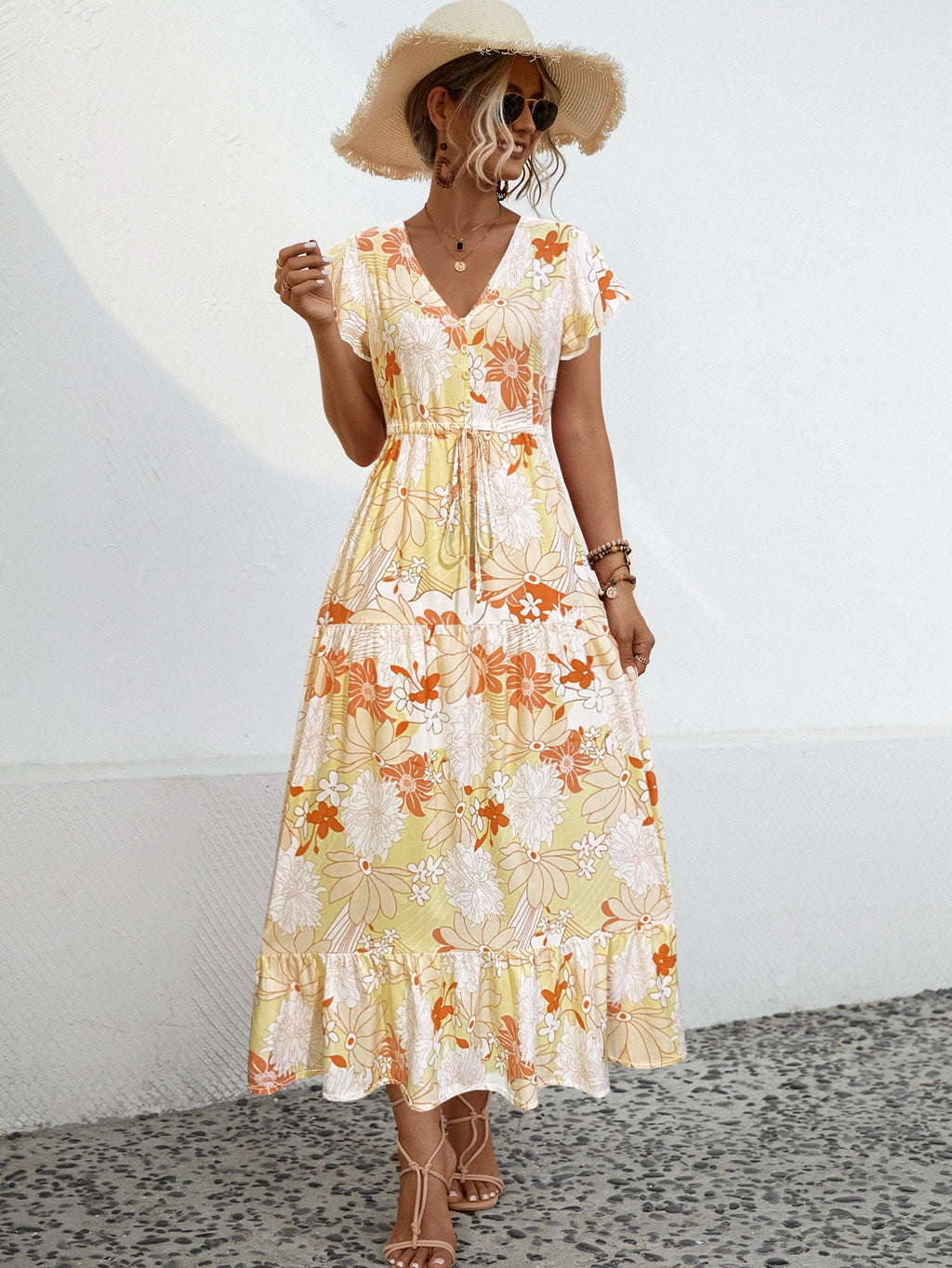 Damen Maxikleid mit vorderem Schlitz und floralem Design WW